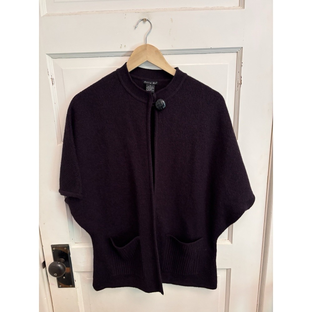 Tally Ho Vintage Women's Purple Knit Cape Poncho One Button‎ Sweater Pockets M